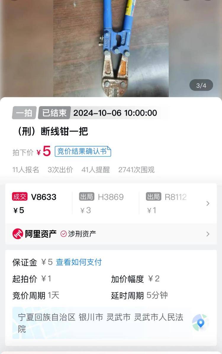 宁夏一法院拍卖一把生锈涉刑案钳子，1元起拍，5元成交