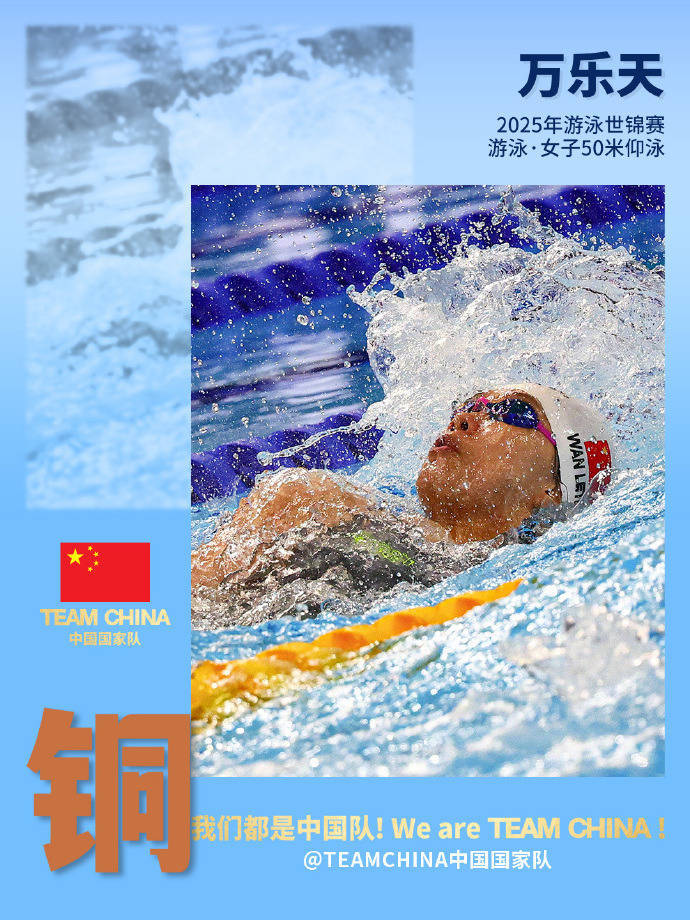 继傅园慧之后时隔八年中国队再夺女仰奖牌，万乐天获世锦赛女子50米仰泳季军